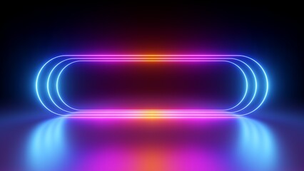 Wall Mural - 3d render, glowing pink blue neon lines, rounded geometric blank frame, isolated on black background. Ultraviolet spectrum. Cyber space. Abstract futuristic wallpaper