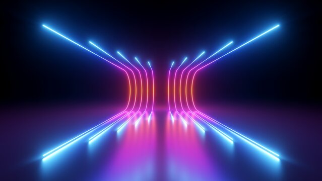 Wall Mural -  - 3d rendering, rounded pink blue neon lines, glowing in the dark. Abstract minimalist geometric background. Ultraviolet spectrum. Cyber space. Futuristic wallpaper