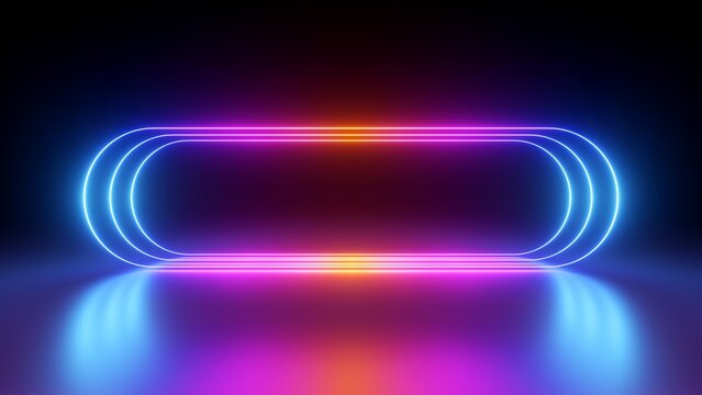 Wall Mural -  - 3d render, glowing pink blue neon lines, rounded geometric blank frame, isolated on black background. Ultraviolet spectrum. Cyber space. Abstract futuristic wallpaper