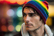 Attractive man wearing rainbow beanie cap, Generative Ai