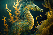 Seahorse, Creative Illustration, Green And Gold, Generative Ai