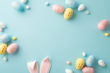 Wall Mural - Easter party concept. Top view photo of easter bunny ears white pink blue and yellow eggs on isolated pastel blue background with copyspace in the middle