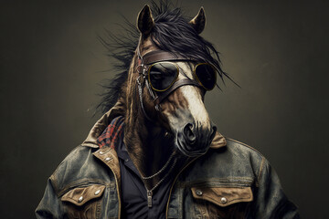 Wall Mural - horse in jacket, rapper or bandit, gangster, cool horse. illustration. generative ai.