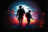Fototapeta Sport - Remembrance Day. Silhouettes of soldiers at poppy field created with generative AI technology