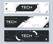 Futuristic Web Banner Collection In High Tech Style. Web Header With HUD Graphics Elements And Place For Text. Black And White Colors. Technology Bakcground For Your Design. Vector Illustration.
