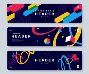 abstract creative web banner collection with colorful dynamic geometric shapes and graphics. set of 