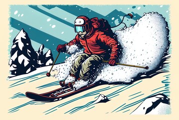 Wall Mural - Skier riding in the snow; illustration Generative AI