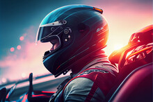 Portrait Of Sports Car Racer Wearing Helmet At Sunset. Ace Driver With Helmet Sports Car Race Track Design. High Quality Ai Generated Illustration.