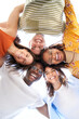 © CarlosBarquero - Vertical multi-racial group of young people standing in circle smiling at camera. International teamwork students hugging each other. Concept of human resources and youth culture.