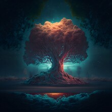 A Surrealist Painted Impressionist Forest With One Hyperrealistic Tree In The Middle That Is Glowing 8k Dramatic Colors Detailed Dreamscape 