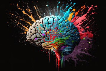 Wall Mural - Human brain with bright paint erupting over a dark backdrop to represent the creative process. Generative AI