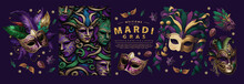 Mardi Gras Masquerade. Carnival, Festival And Party. Vector Illustration Of Venetian Masks, Pattern, Objects For Background, Poster Or Invitation