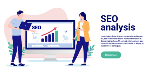 Aufkleber - SEO analysis - People working on search engine optimisation on computer screen with rising chart and great result. Flat design vector illustration with copy space and white background
