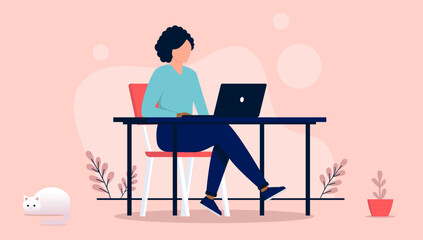 Poster - Woman working on laptop computer sitting at desk alone. Flat design vector illustration