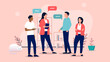 © Knut - People talking - Team standing in office having conversation and dialogue in professional casual clothes with speech bubbles. Flat design vector illustration