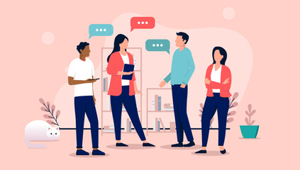 Poster - People talking - Team standing in office having conversation and dialogue in professional casual clothes with speech bubbles. Flat design vector illustration