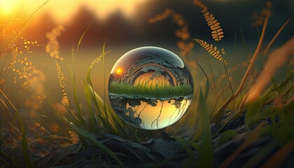 Tiny world in a glass bubble marble in a grass field at golden hour. Abstract life microcosm ecosystem.