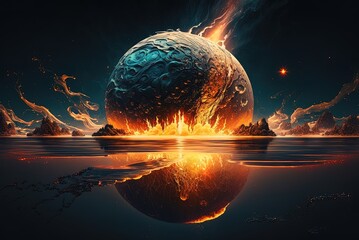 Wall Mural - Cartoon depicts a water planet engulfed in orange flames in the blackness of space. Generative AI