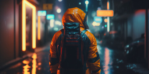 Image Generated Artificial Intelligence. Man standing on street at night wearing an orange NBQ suit. Imaginary concept of future distopic.