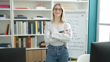 Sticker - Young blonde woman standing by magnetic board at library university