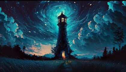 Sticker - Lighthouse middle night cosmic clouds stars moon painting wallpaper background created with generative AI technology