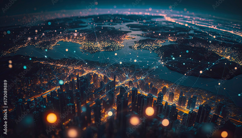 High tech data network color grids over miniature cityscape with ...