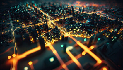 high tech data network color grids over miniature cityscape with cinematic coloring created with gen