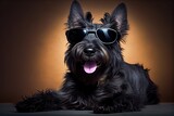 Fototapeta Londyn - Portrait of Scottish Terrier wears sunglasses