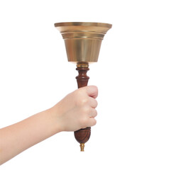 Wall Mural - Pupil with school bell on white background, closeup