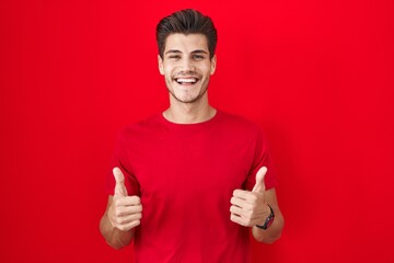 Sticker - Young hispanic man standing over red background success sign doing positive gesture with hand, thumbs up smiling and happy. cheerful expression and winner gesture.