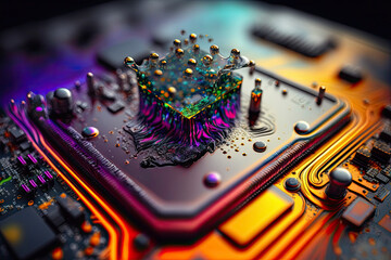 Wall Mural - Macro view interior computer motherboard and electronics with colorful cinematic lighting, created with Generative AI technology