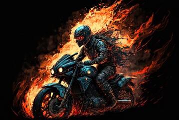Wall Mural - wallpaper of a firefighter on a motorcycle in a gloomy nighttime landscape Generative AI