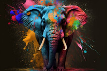 Elephant Happy Holi Colorful Background. Festival Of Colors, Colorful Rainbow Holi Paint Color Powder Explosion Isolated Black, White OrTaj Mahal Wide Panorama Background.