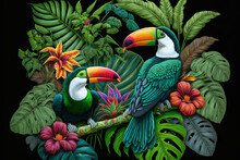 Various Tropical Leaves And Birds Exotic Wallpaper Design . Sublime Generative AI Image .