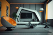 Stylish, futuristic living room in black, white and orange.  Generative AI.