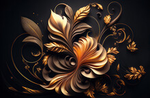 Abstract Golden, Brown And Black Floral Fractal Background. 3d Modern Interior Mural Painting Abstract Golden Wave Floral With Ornament Wall Art Decor Wallpaper. Abstract Golden Floral Background. Ai