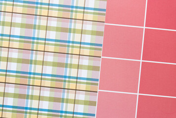 Canvas Print - plaid and pink/red paper pad sheets with paint chip element - macro lens, particular focus