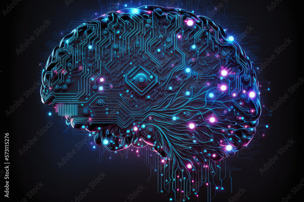 Artificial intelligence AI background. Neon themed circuit in shape of ...