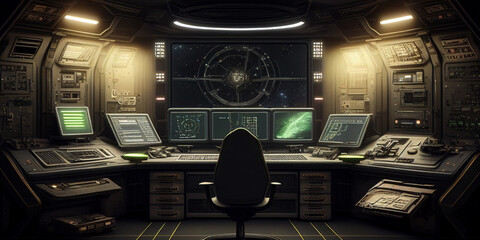 Inside an alien space ship looking at a desk with computers and a large screen created by Generative AI