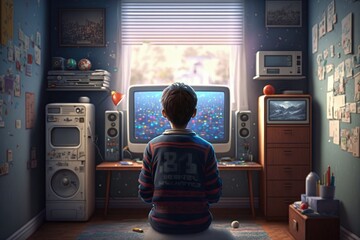 Wall Mural - Boy playing old video game in bedroom, Back to back boy in old playroom, Generative AI
