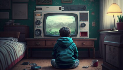 Wall Mural - Boy playing old video game in bedroom, Back to back boy in old playroom, Generative AI
