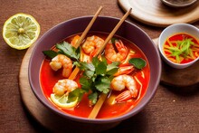 Tom Yum Kung Thai Hot Spicy Soup Shrimp With Lemon Grass, Lemon, Galangal And Chilli On Wooden Background Thailand Food. Generative AI