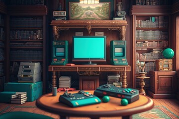 Wall Mural - Old games room, Playroom, old game console, Generative AI