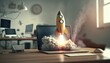 Rocket taking off from laptop screen on top of office desk, successful startup concept, Generative AI