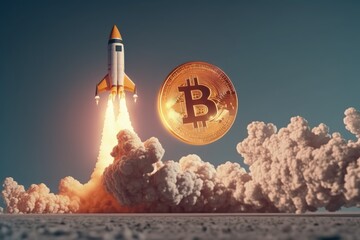 Wall Mural - Rocket taking off with bitcoin coin on black background, Generative AI