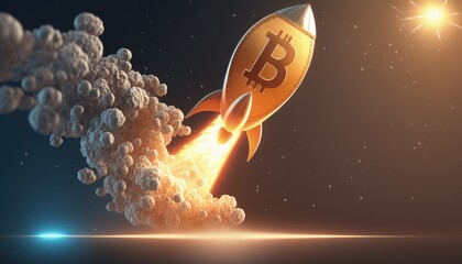 Wall Mural - Bitcoin rocket taking off on black background, Generative AI