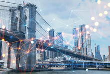 Brooklyn Bridge With New York City Manhattan, Financial Downtown Skyline Panorama At Day Time Over East River. Social Media Hologram. Concept Of Networking And Establishing New People Connections