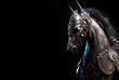  Black horse on black, Medieval knights black warhorse made of metal and full of armor. Fantasy image created with generative ai.