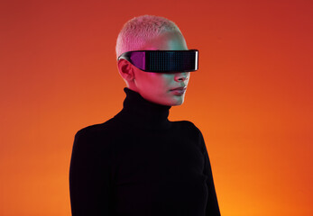 Wall Mural - woman, vr glasses and metaverse for augmented reality, digital transformation and future tech. cyber