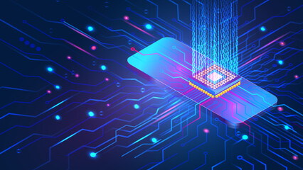 isometric technology on smartphone. vector illustration Digital technology design. Blue color background